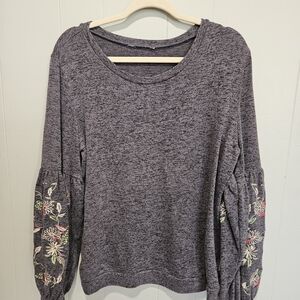 Embroidered Sleeve Heathered Grey Pullover Sweatshirt
